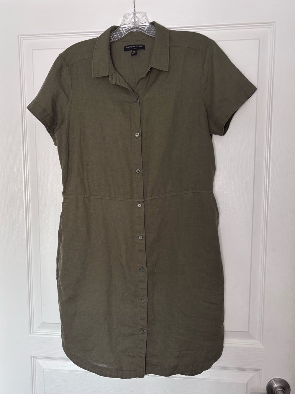 Banana Republic short sleeve olive green linen cotton button down dress size 10